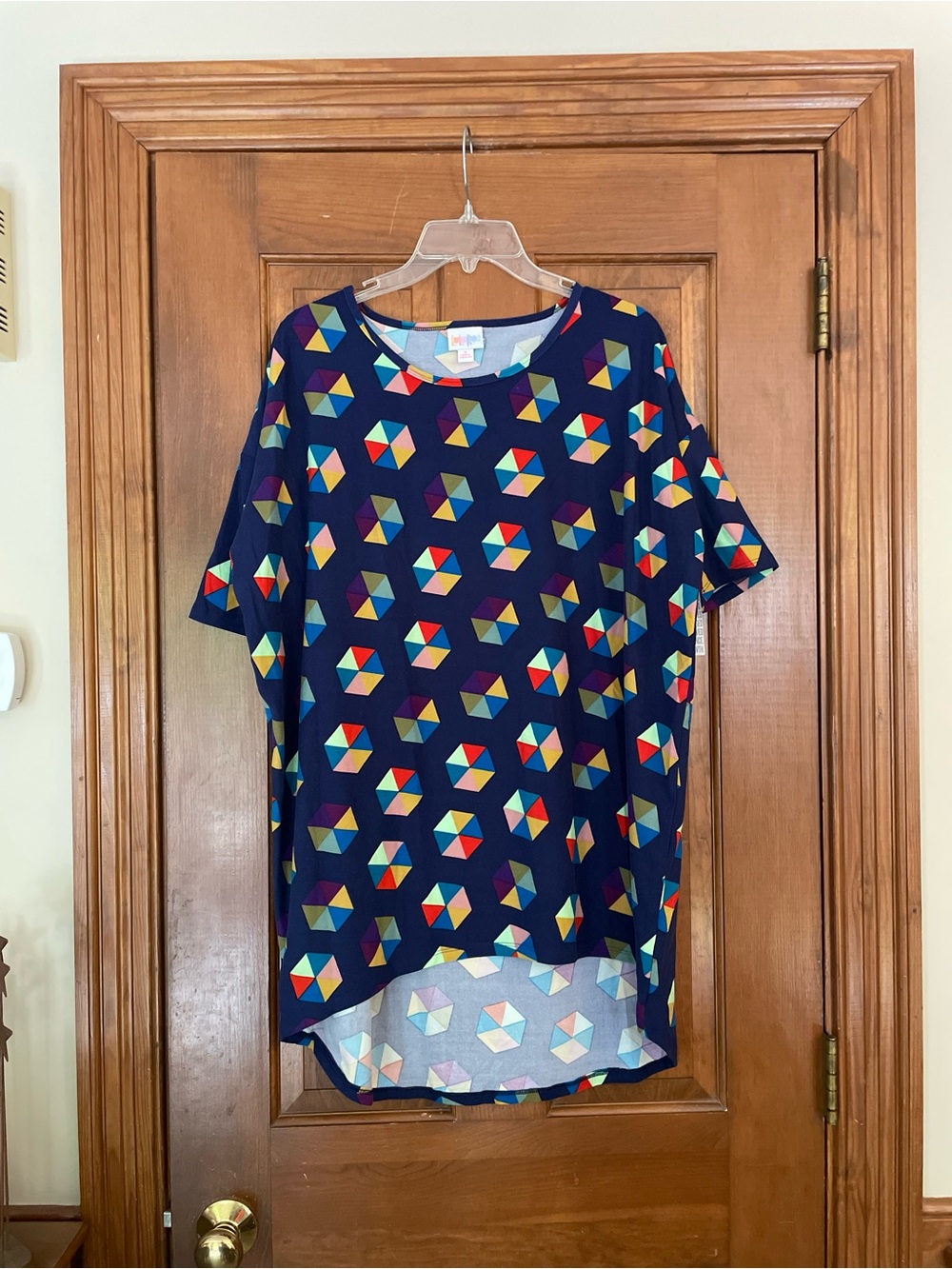 LuLaRoe Irma Women’s Navy Tunic with Multicolor Geometric‎ Print, NWT, Size S